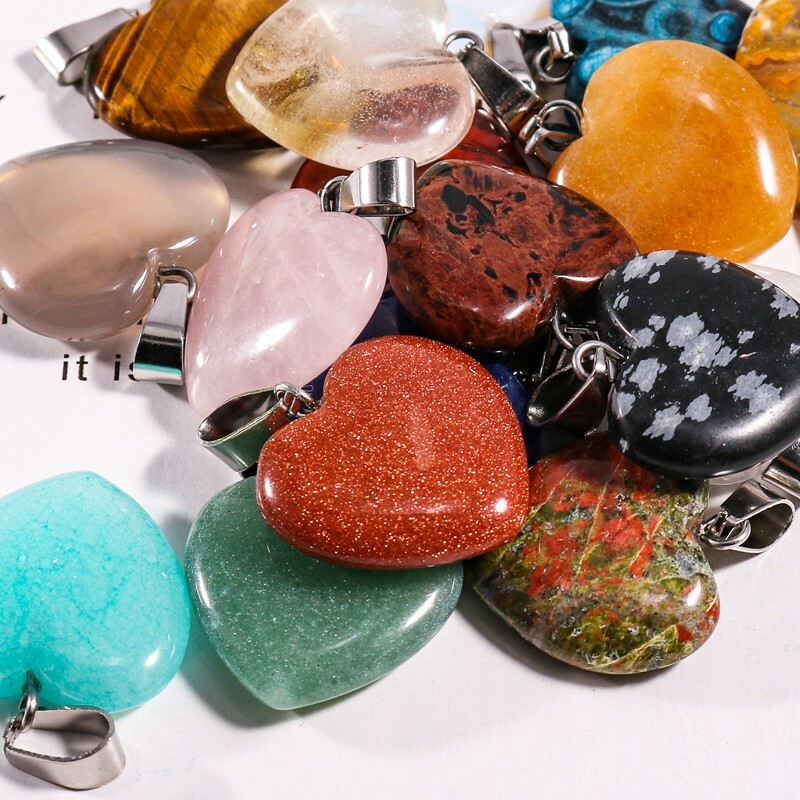 Fashion Natural heart Gemstone stone Silver P Beads Pendants 50pcs/lot Wholesale