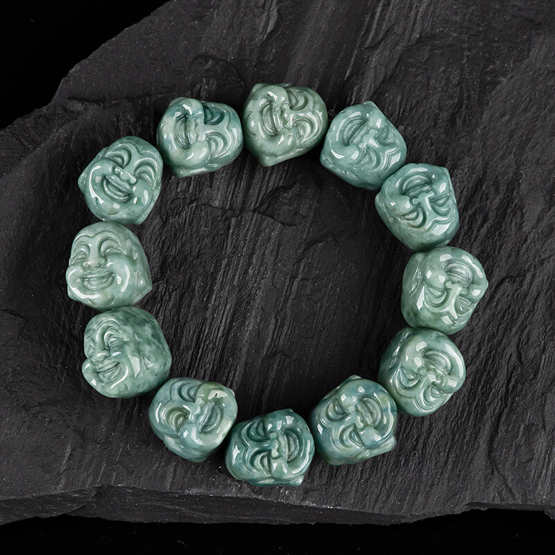 Natural Grade A Jadeite Deep Bean Green 12PCS Maitreya Buddha Head Bead Bracelet