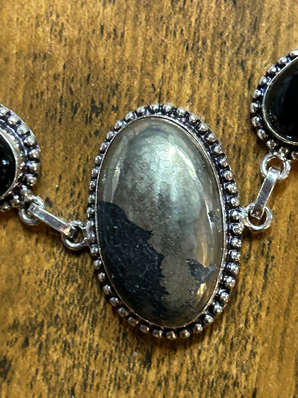 2999. Apache Pyrite Black Onyx Gemstone Handmade 925 Silver Bracelet 28gm