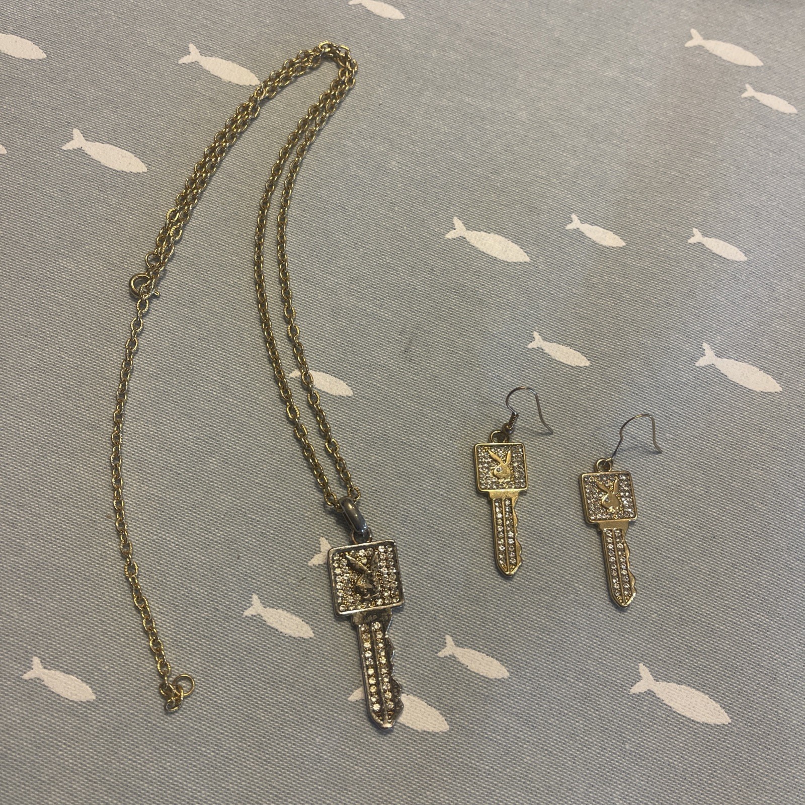 Gold Color Play Boy Bunny Charm Necklace & Earrings Set