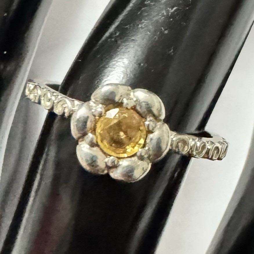 Stunning Sterling Silver Flower Ring w/ Topaz * Citrine Bezel-Set Round • Size 7