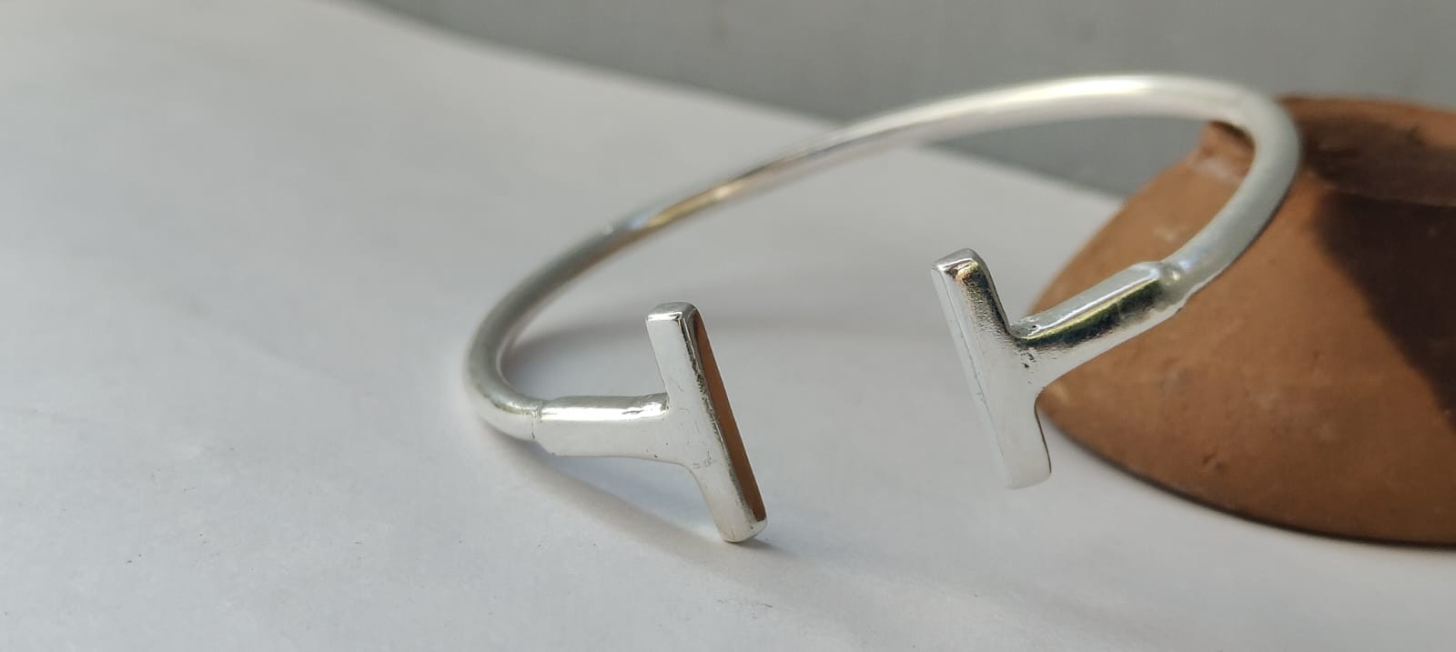 925 Sterling Silver Open Cuff Bracelet | Minimal T Bar Silver Bangle | Handmade