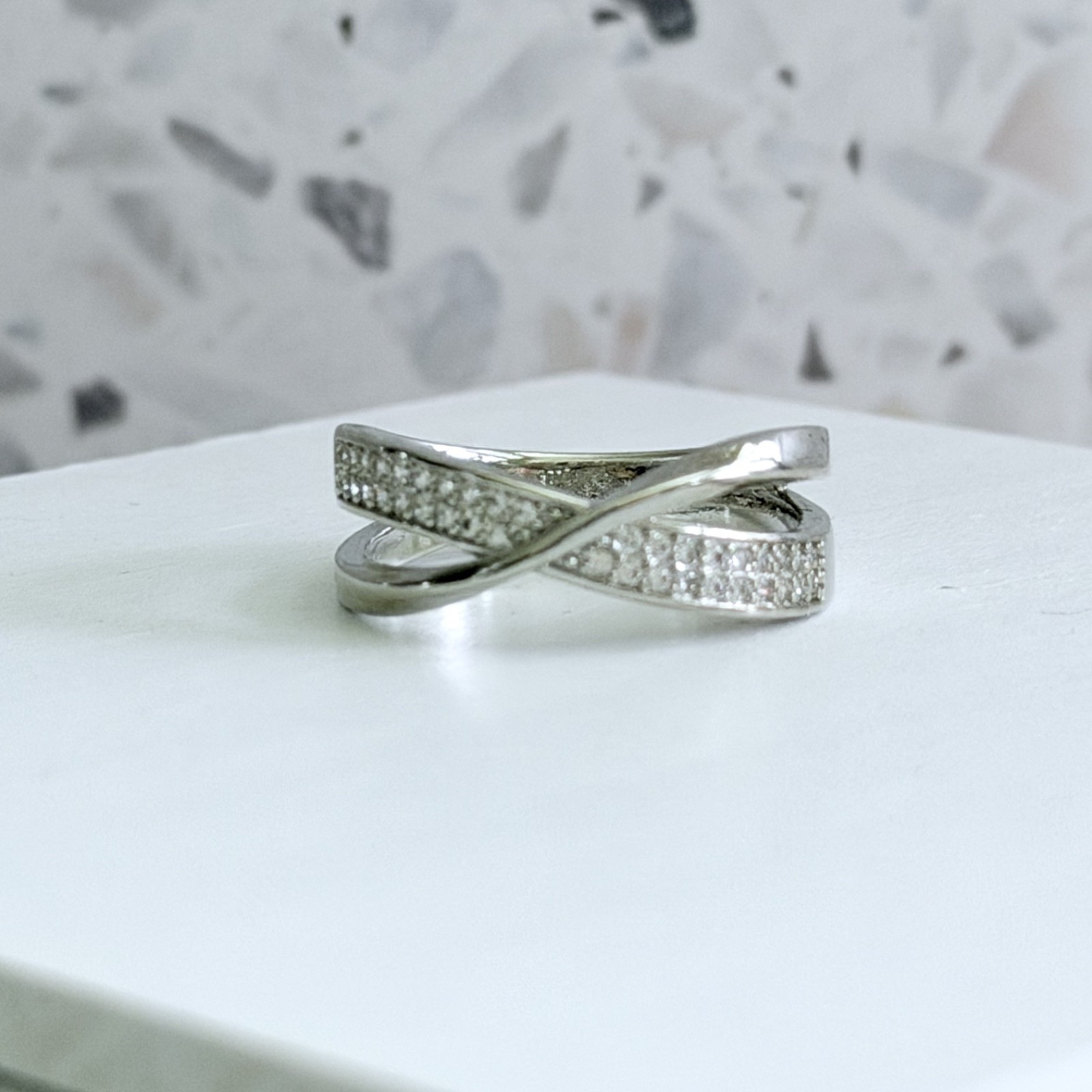 14k White Gold & 925 Sterling White Simulated Sapphire Crisscross Women’s Ring