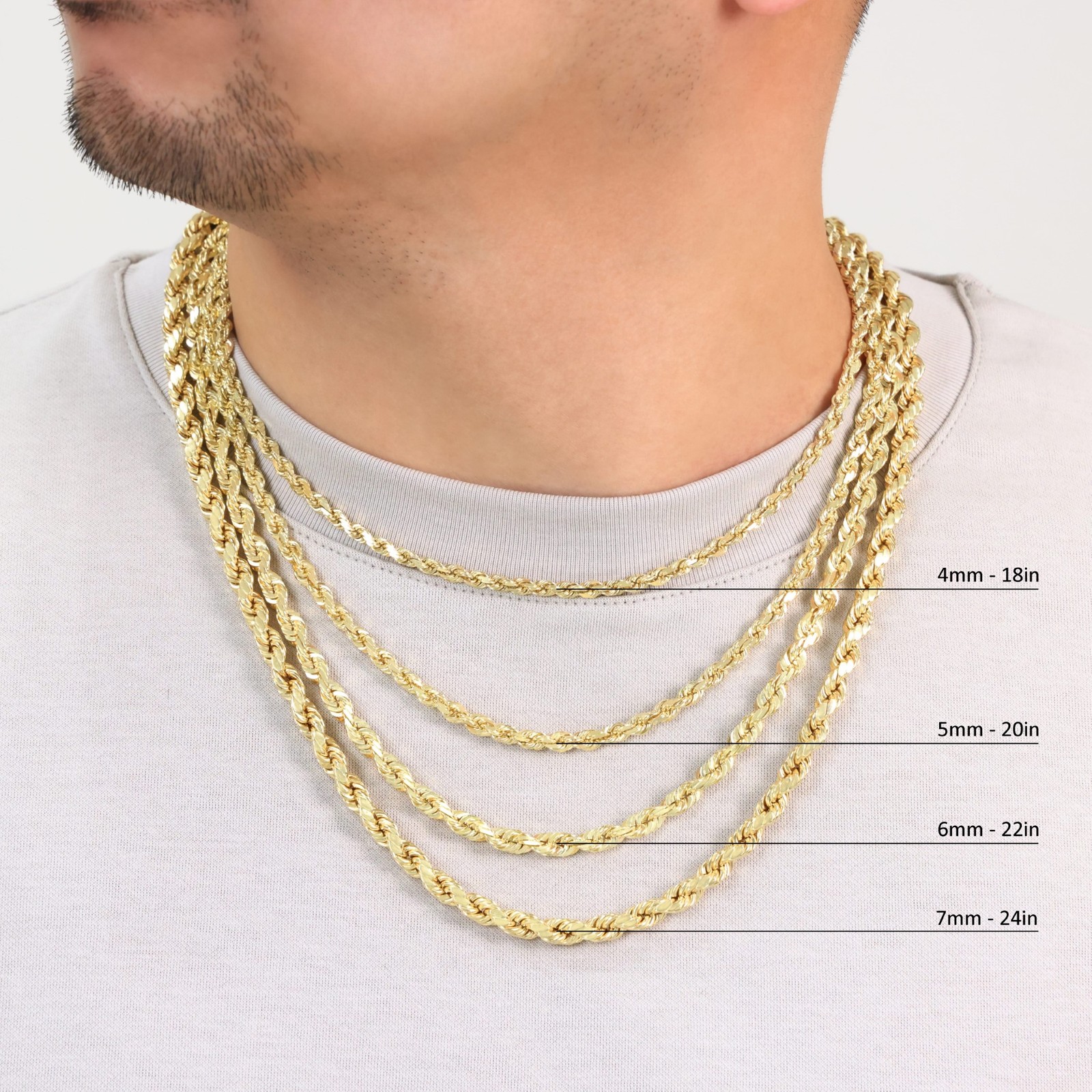 14K Yellow Gold 1mm-10mm Diamond Cut Rope Chain Necklace Mens Women 16″- 30″