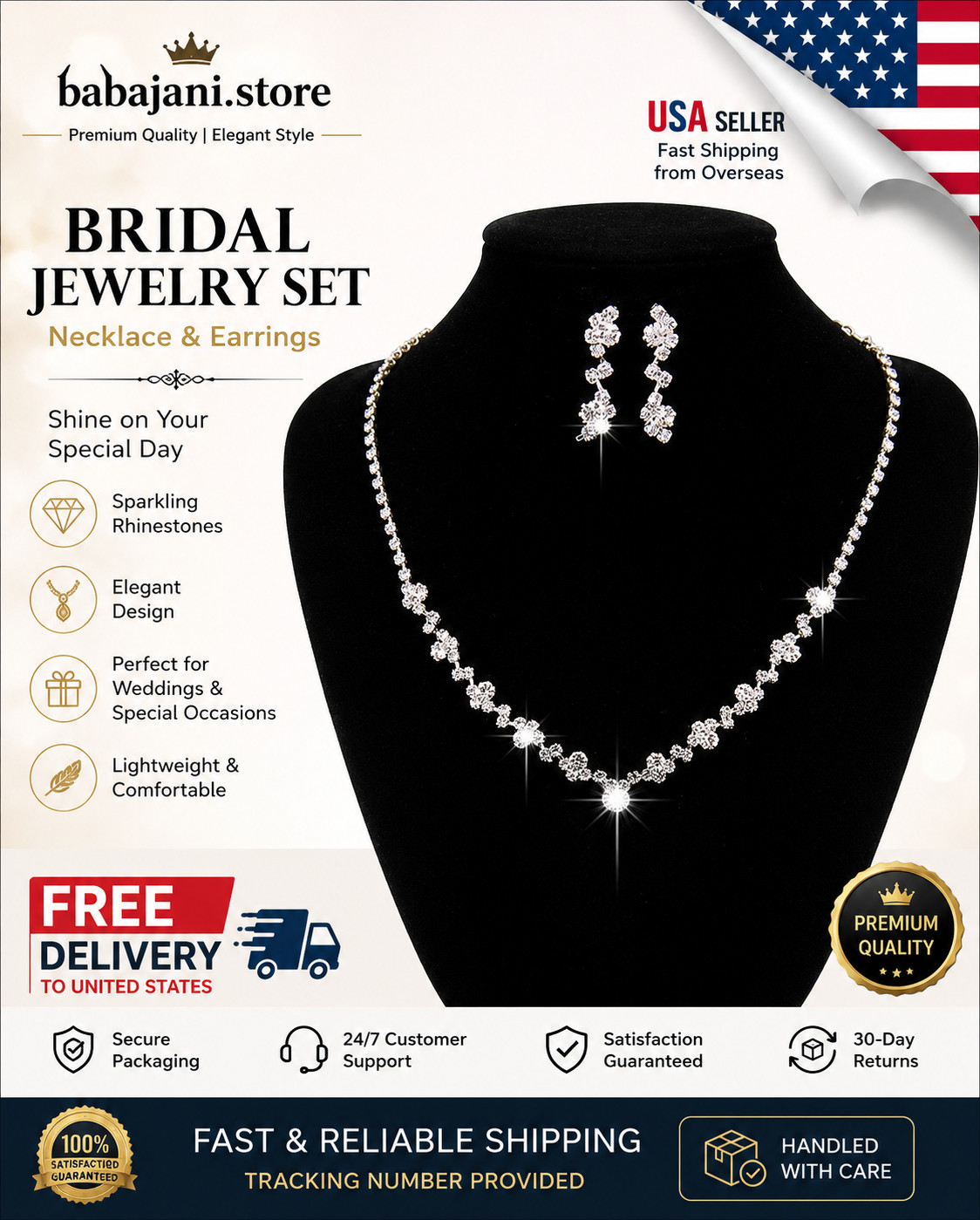 Bridal Rhinestone Necklace Earrings Set Wedding Crystal Jewelry 1 2 3 Sets White