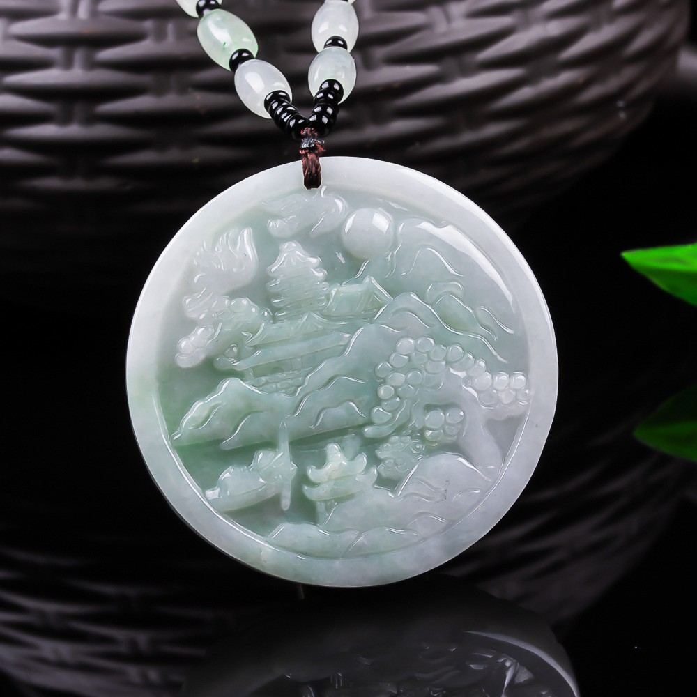 Type A Myanmar Double Sided Round Landscape Jadeite Pendant Carved Jewelry Gift