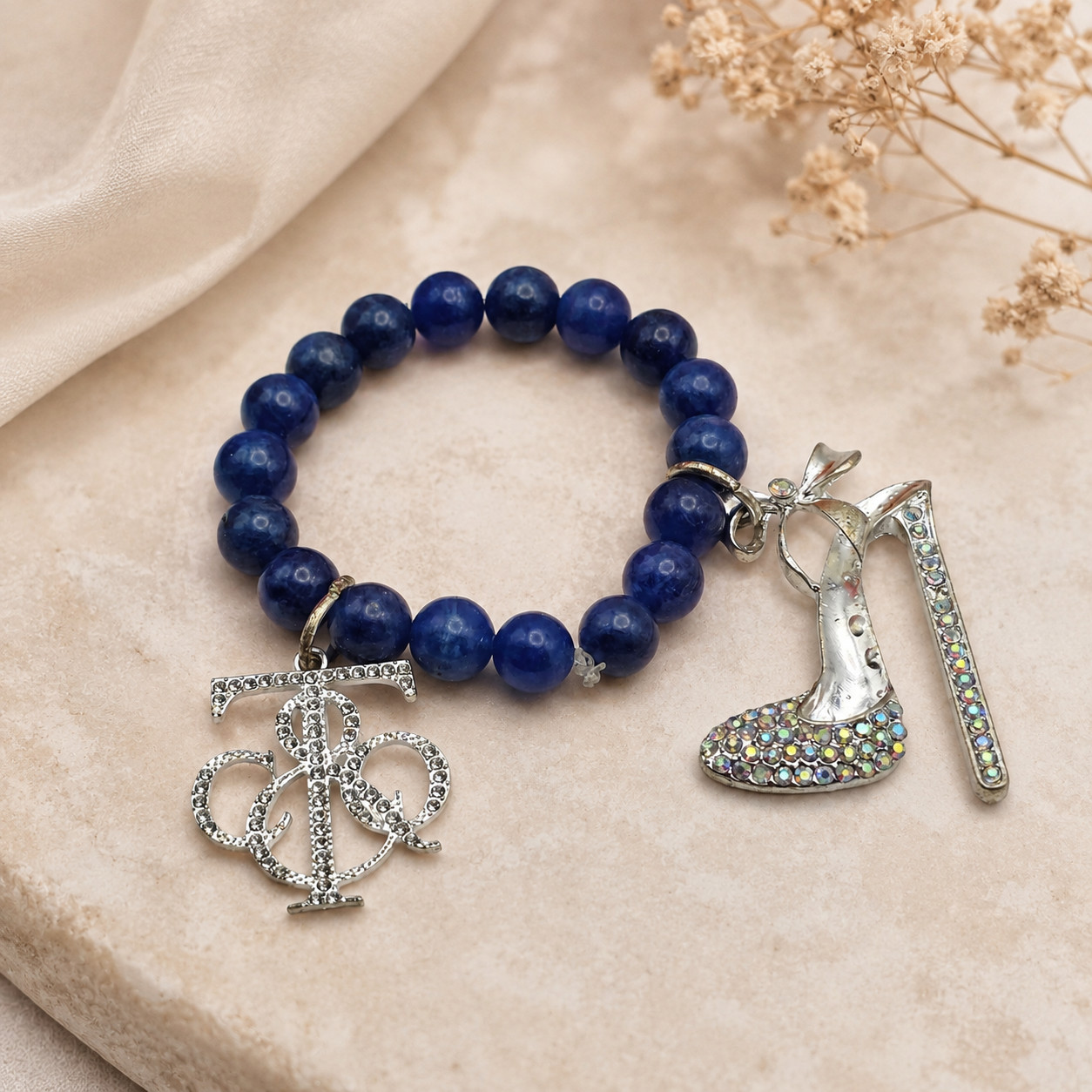Natural Blue Stone Beaded Stretch Bracelet AB Crystal Pump Shoe Charm 6 In