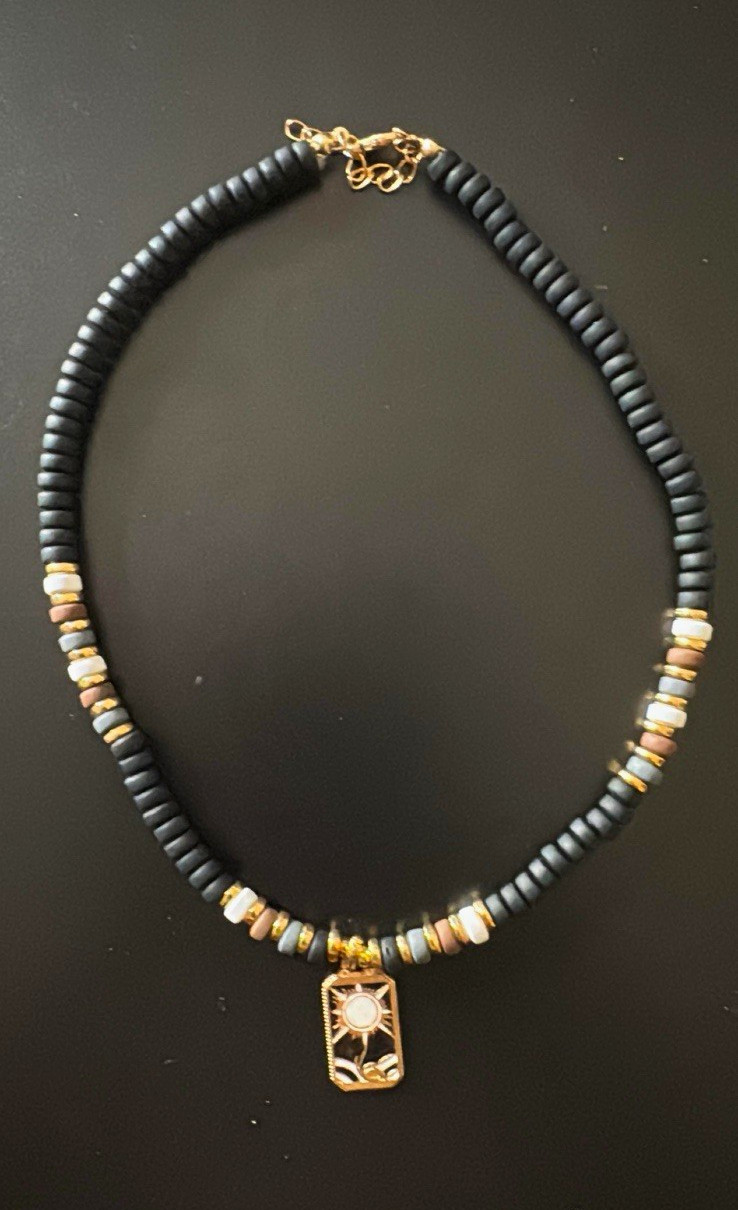Black Beaded Necklace w/ Gold Tone Rectangle Charm Pendant, Adjustable