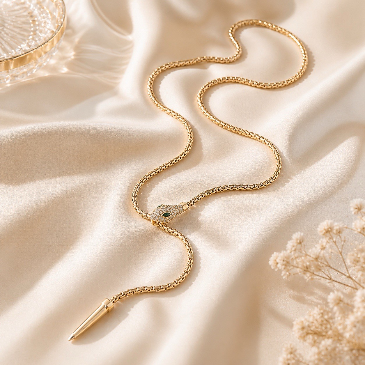 Snake Lariat Necklace Green Crystal Adjustable Waterproof Gold Tone