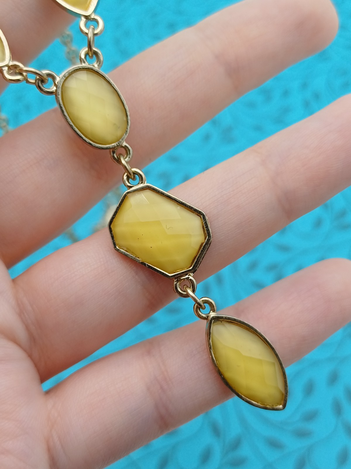 Modern Beautiful Gold Tone & Yellow Mixed Shaped Gem Y Drop Chain Necklace