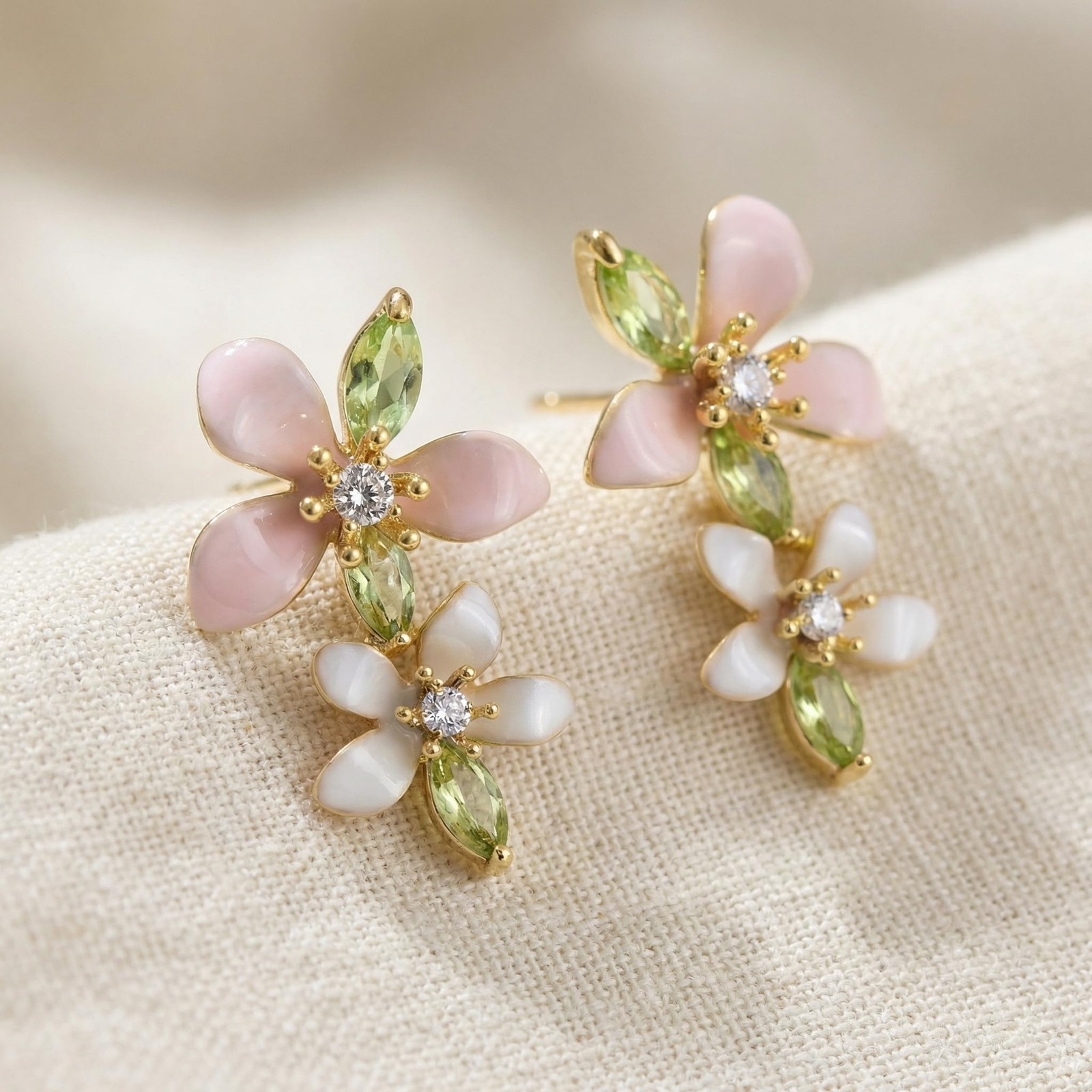 Double Flower Dangle Drop Stud Earrings for Women, Cute Pink White Leaf Floral R