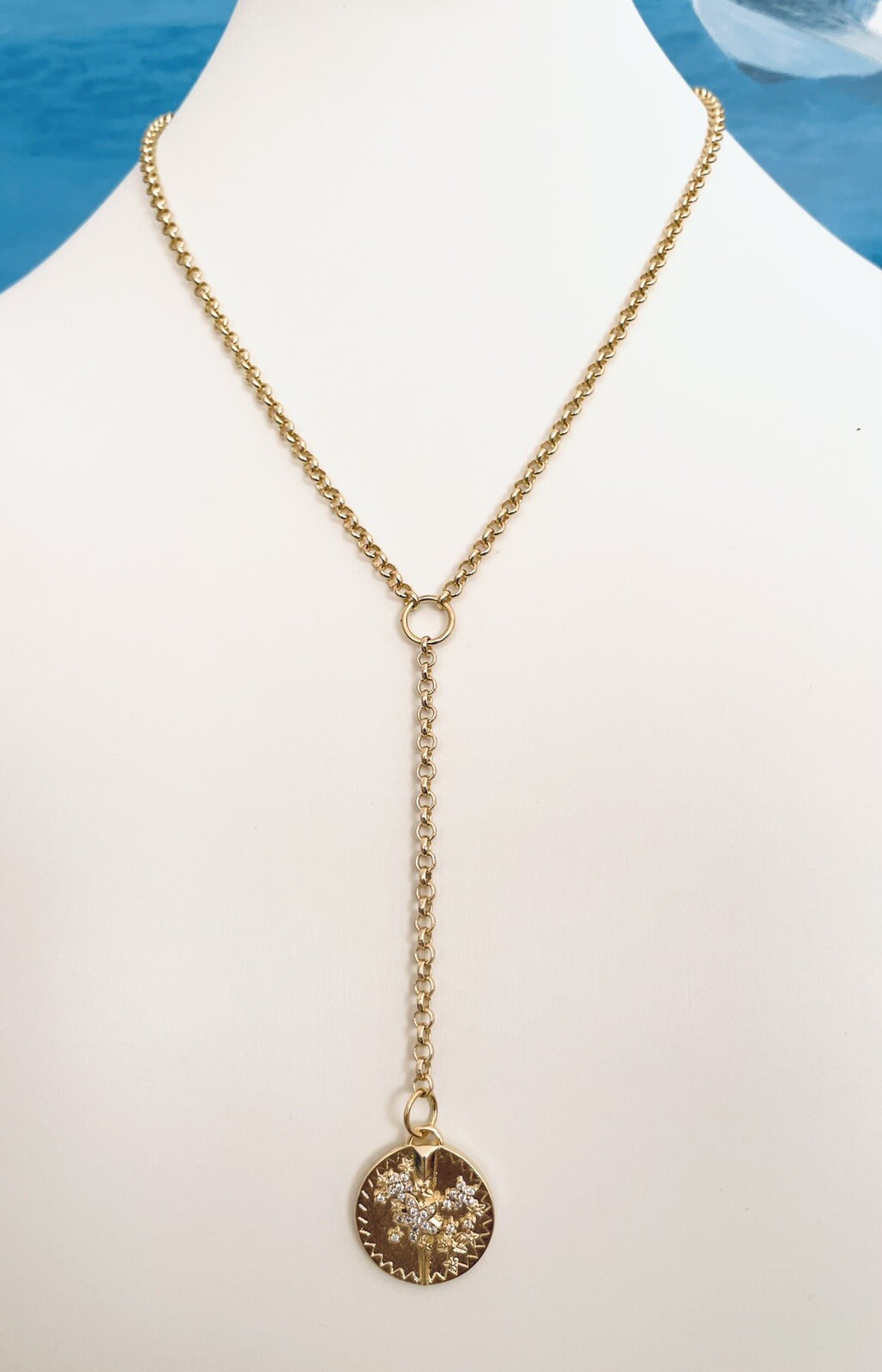 Belcher Rolo Chain Blossom Pave Star Pendant Necklace Lariat Medallion Charm