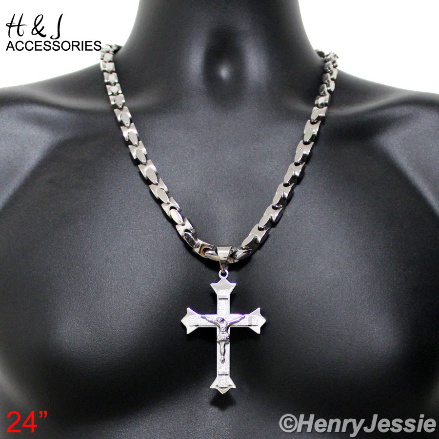 20″24″30″MEN Stainless Steel 8mm Silver Interlock Link Necklace Cross Pendant*MJ