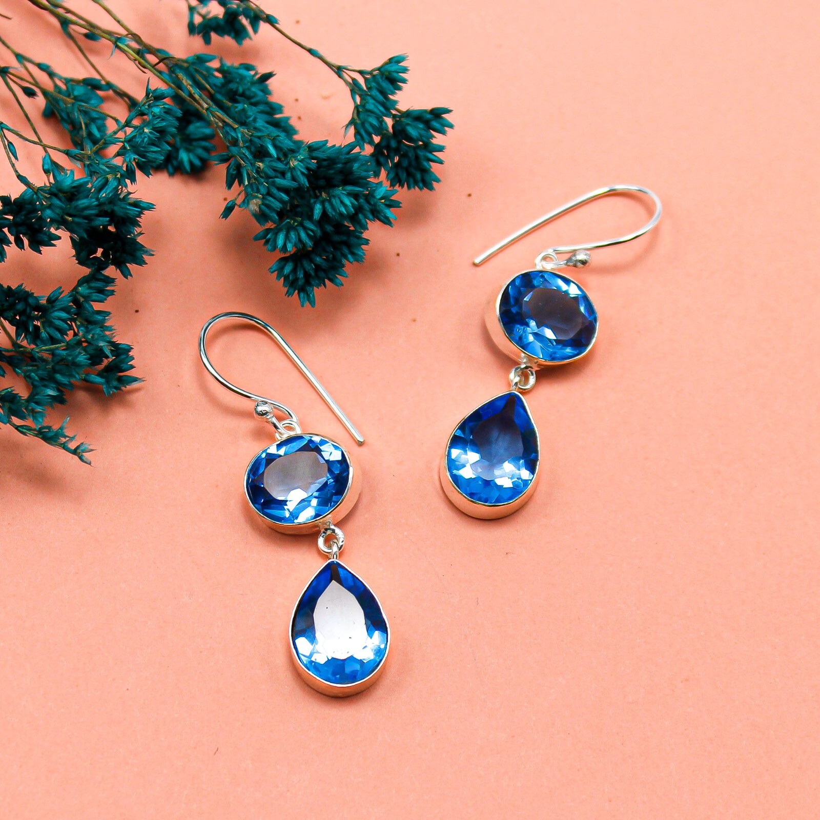 Swiss Blue Topaz Jewelry Sterling Silver Gift For Mum Drop/Dangle Earrings 1.88″
