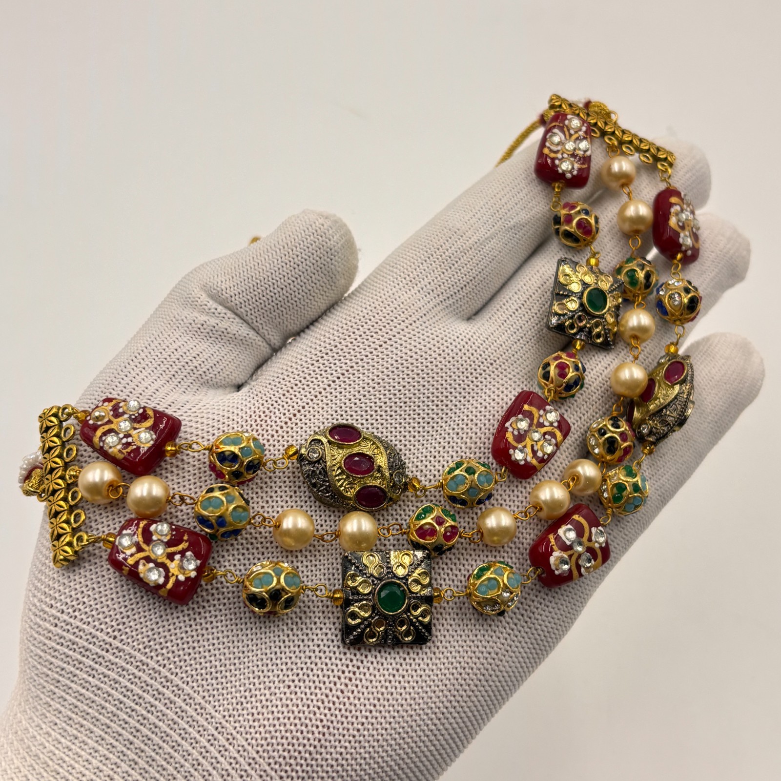 Gold Tone Multicolor Beaded Necklace Set Indian Ethnic Kundan Style Jewelry