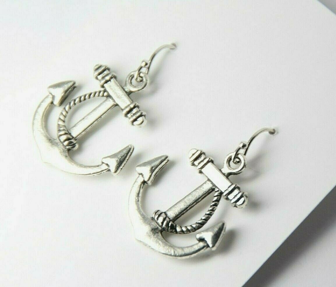 Anchor Charm Earrings 925 sterling silver hooks Pewter Charms Marine Ocean 1.25″