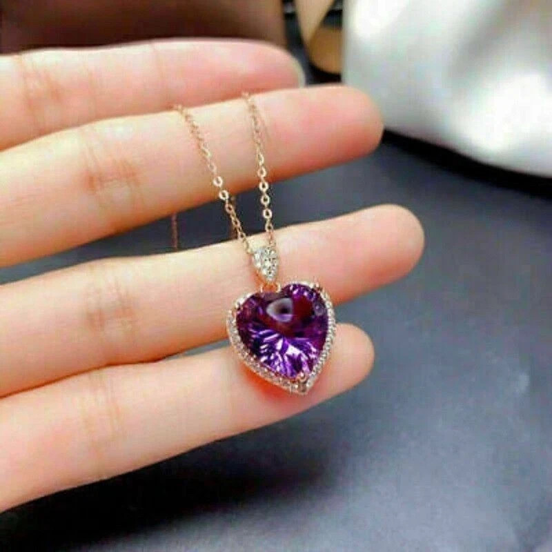 3Ct Heart Cut Simulated Amethyst Women’s Pendant Necklace 14K Yellow Gold Plated