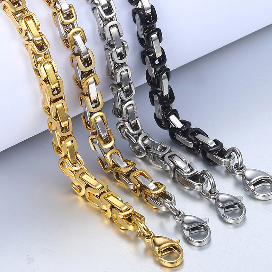 4/5/8mm Byzantine Chain Necklace For Men Stainless Steel Gold Silver Black Tone
