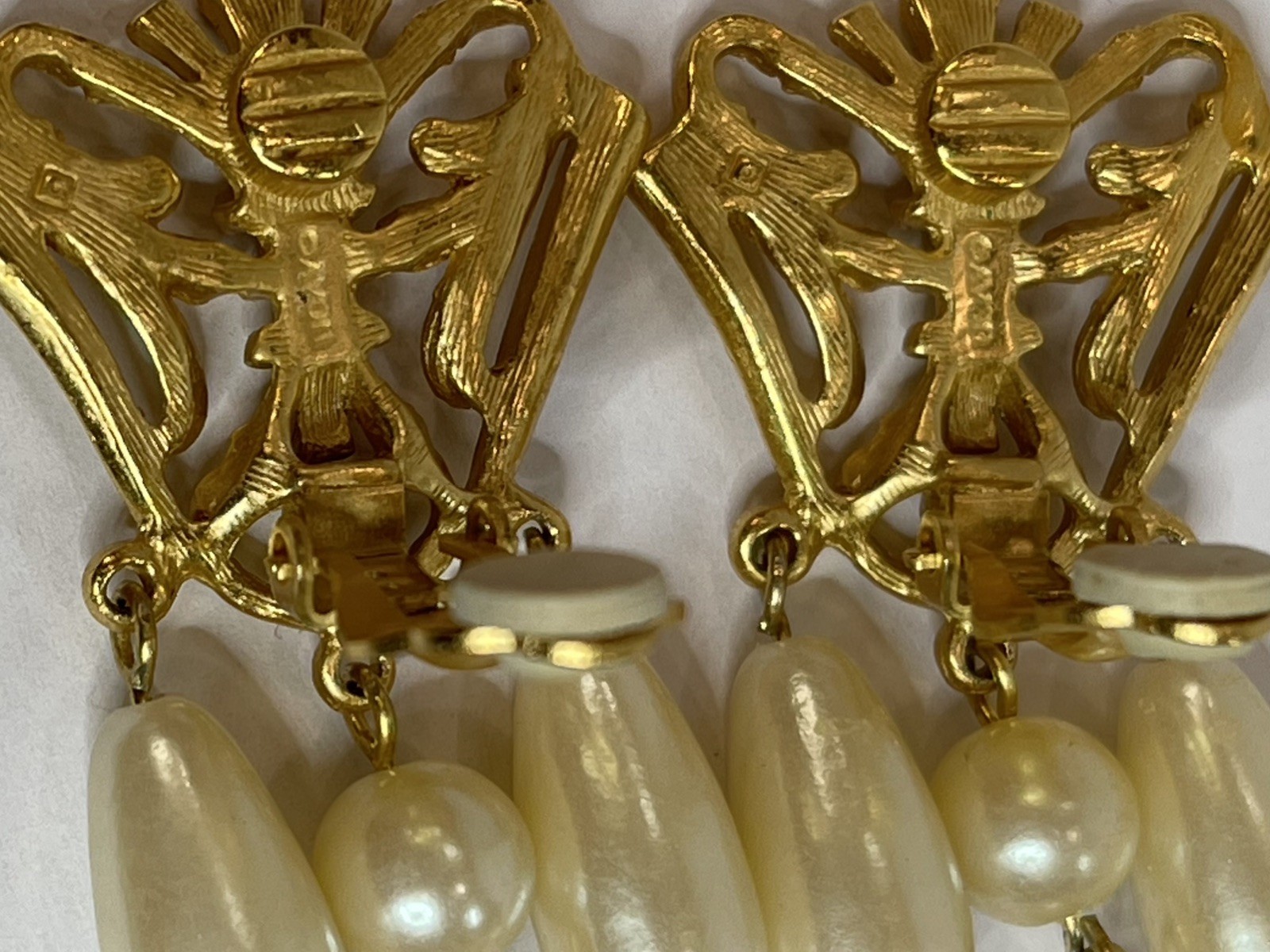 Vintage AVON Gold-tone Crest Victorian Revival Faux Pearl Drop Dangle Earrings