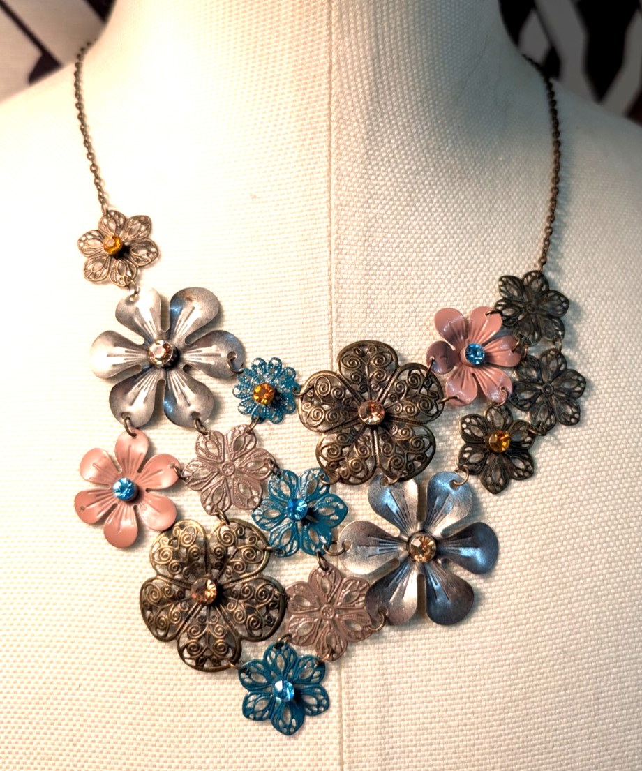 Brass Necklace Colored Flowers W/Colored Rhinestones Beautiful