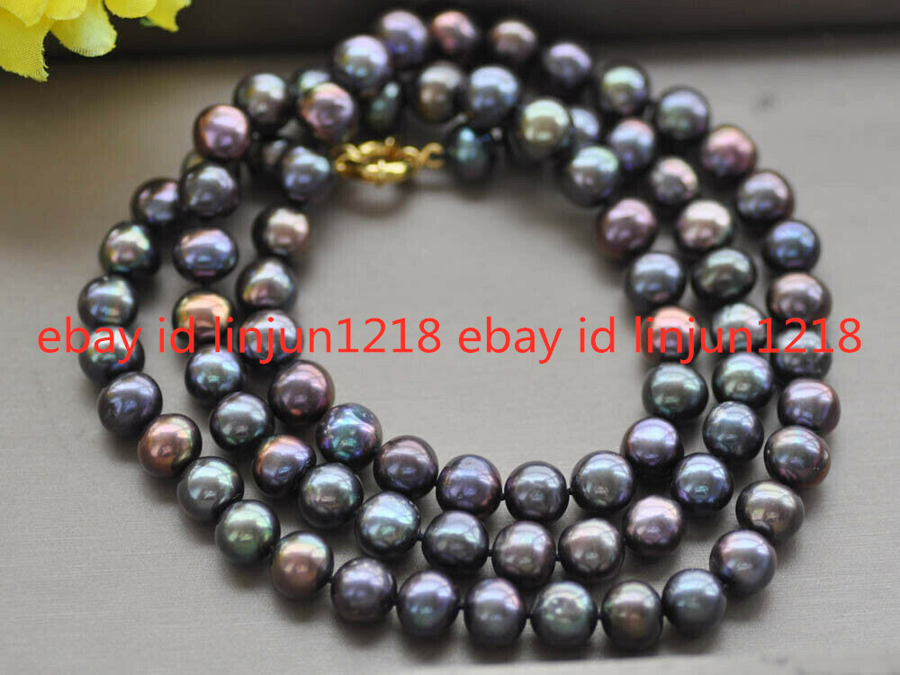 Beautiful 8mm-9mm Round Peacock-Black Freshwater Pearl Necklace 18-50inches