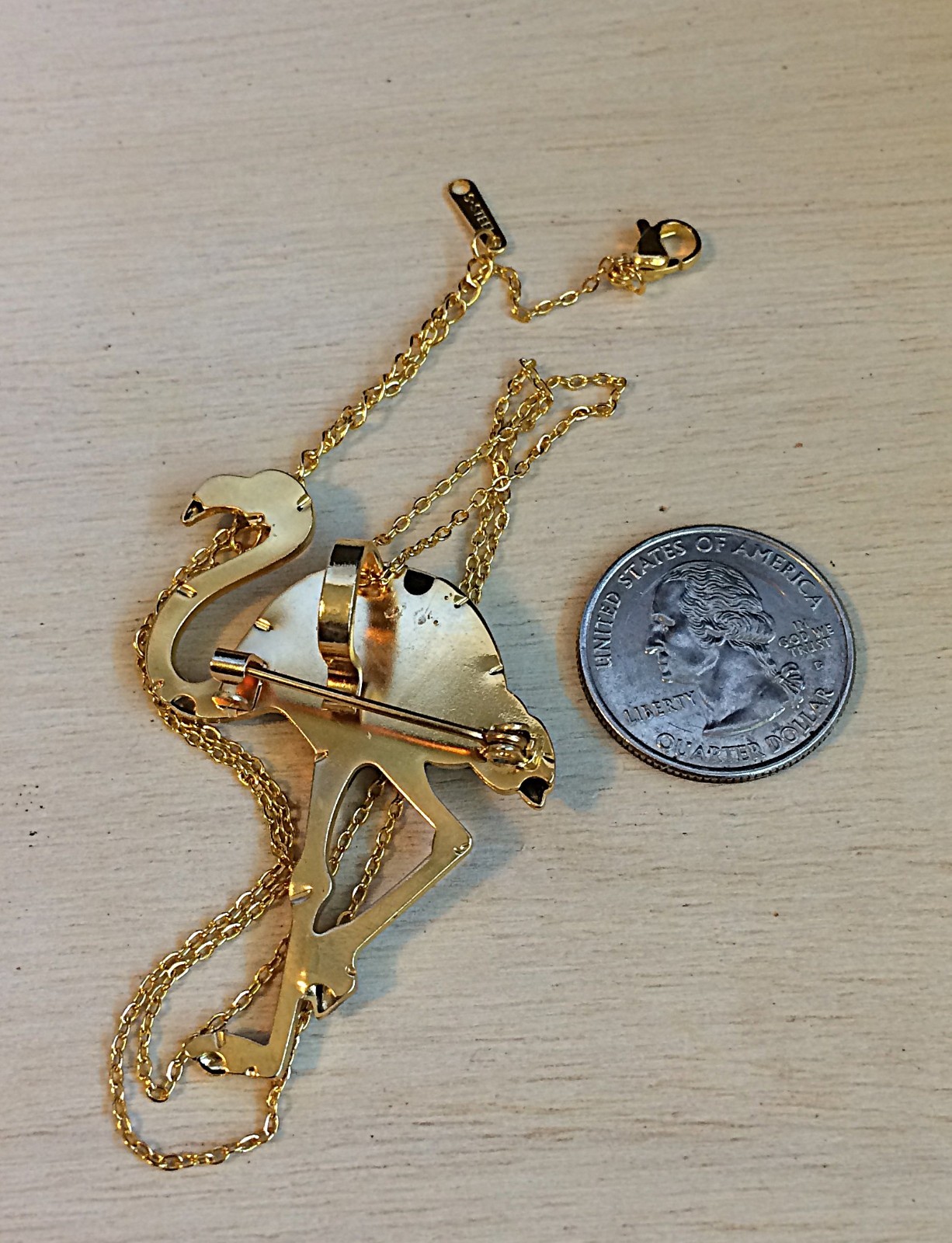 Vintage Gold Tone 1990s Flamingo Bird Pendant Brooch Pin Necklace 20″ NOS