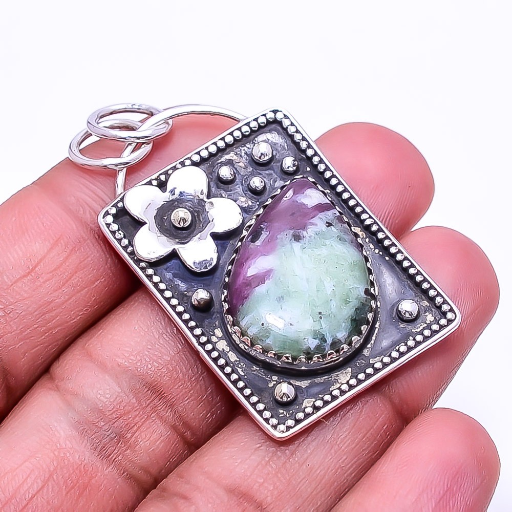 Ruby With Zoisite – Tanzania Oxidised 925 Silver Pendant 1.76″ P17
