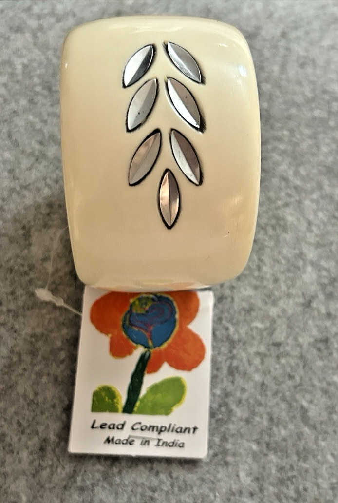 Antika Collection NWT 8” Ivory Colored Wide Bangle Bracelet Silver Leaves
