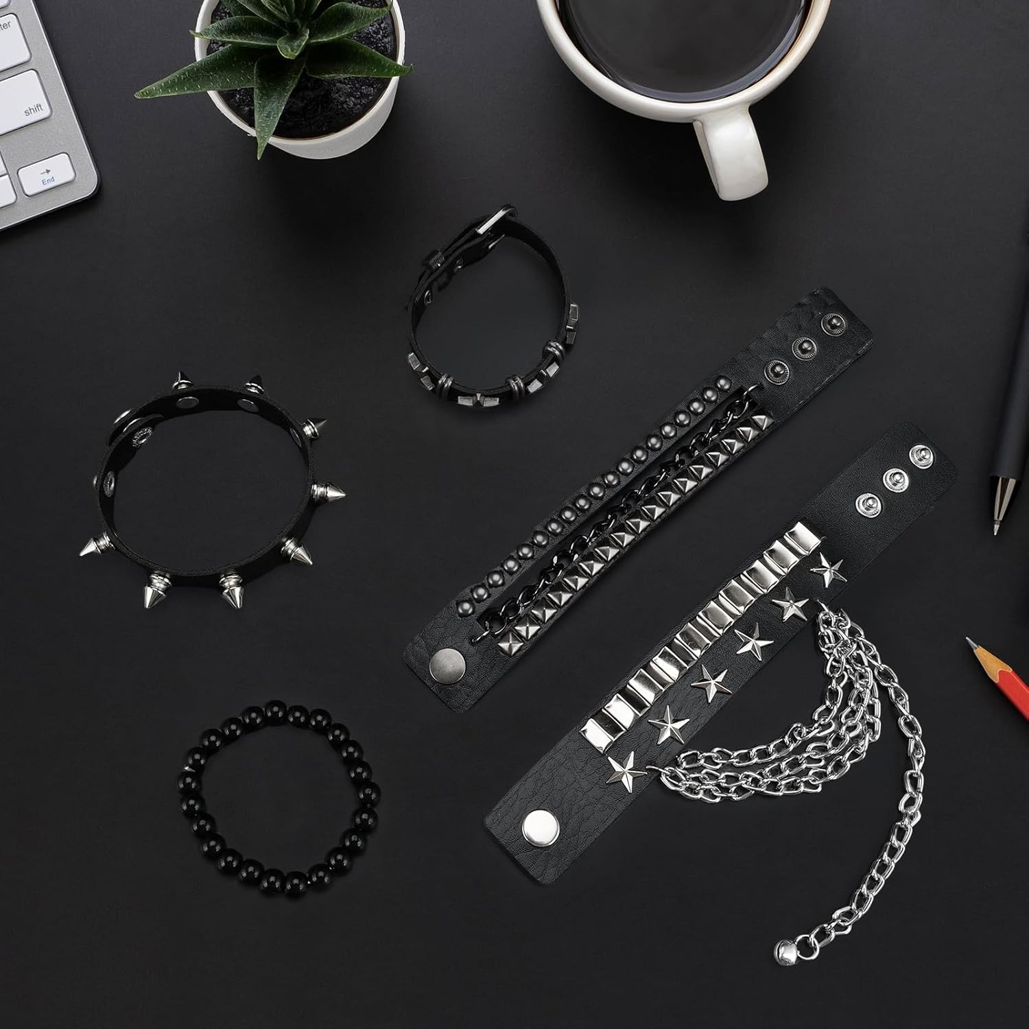 Studded Spike Punk Bracelets 5 Pcs PU Leather Goth Grunge Y2K Wristband Set