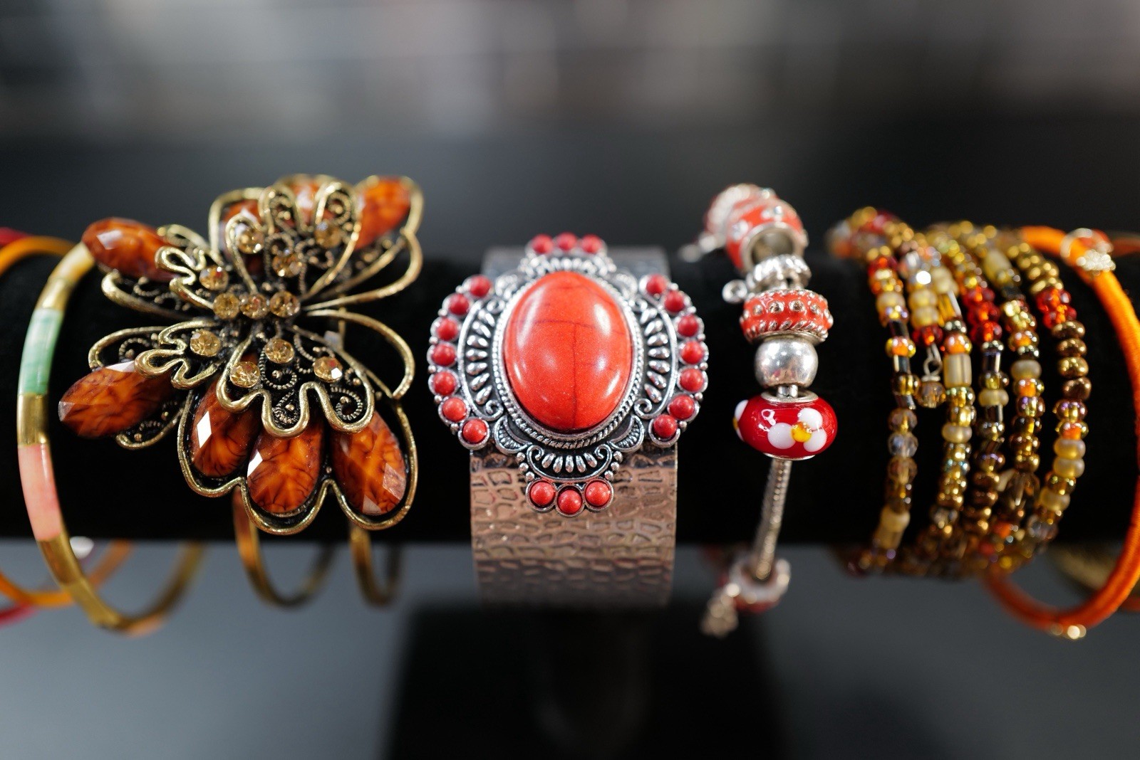 9 Pc Bracelet Gold & Silver Tone Orange Red Brown Mix Styles Bangles K39