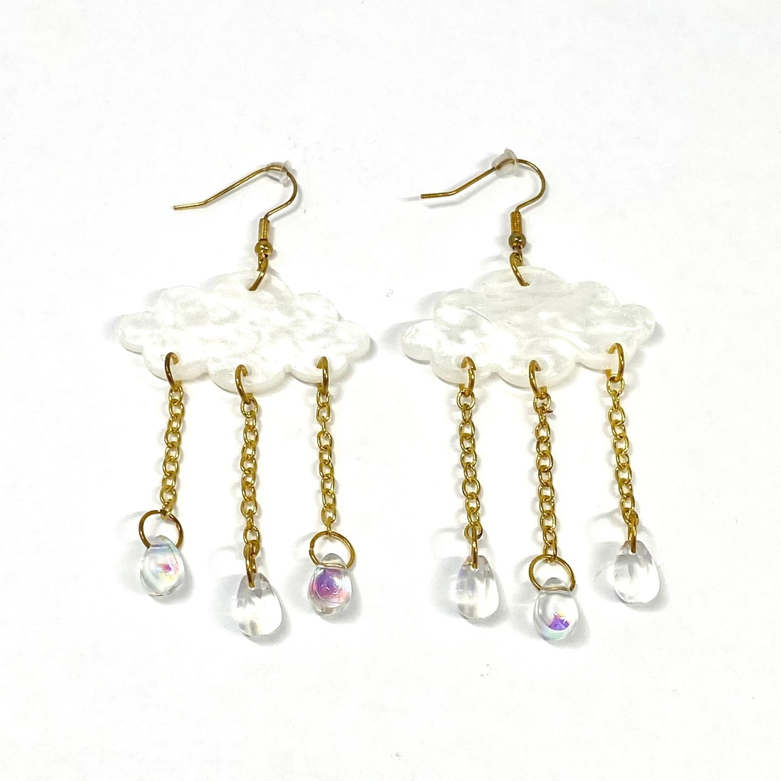Dainty Acrylic Rain Cloud Dangle Glass Bead Rain Drop Gold Tone Earrings Holiday