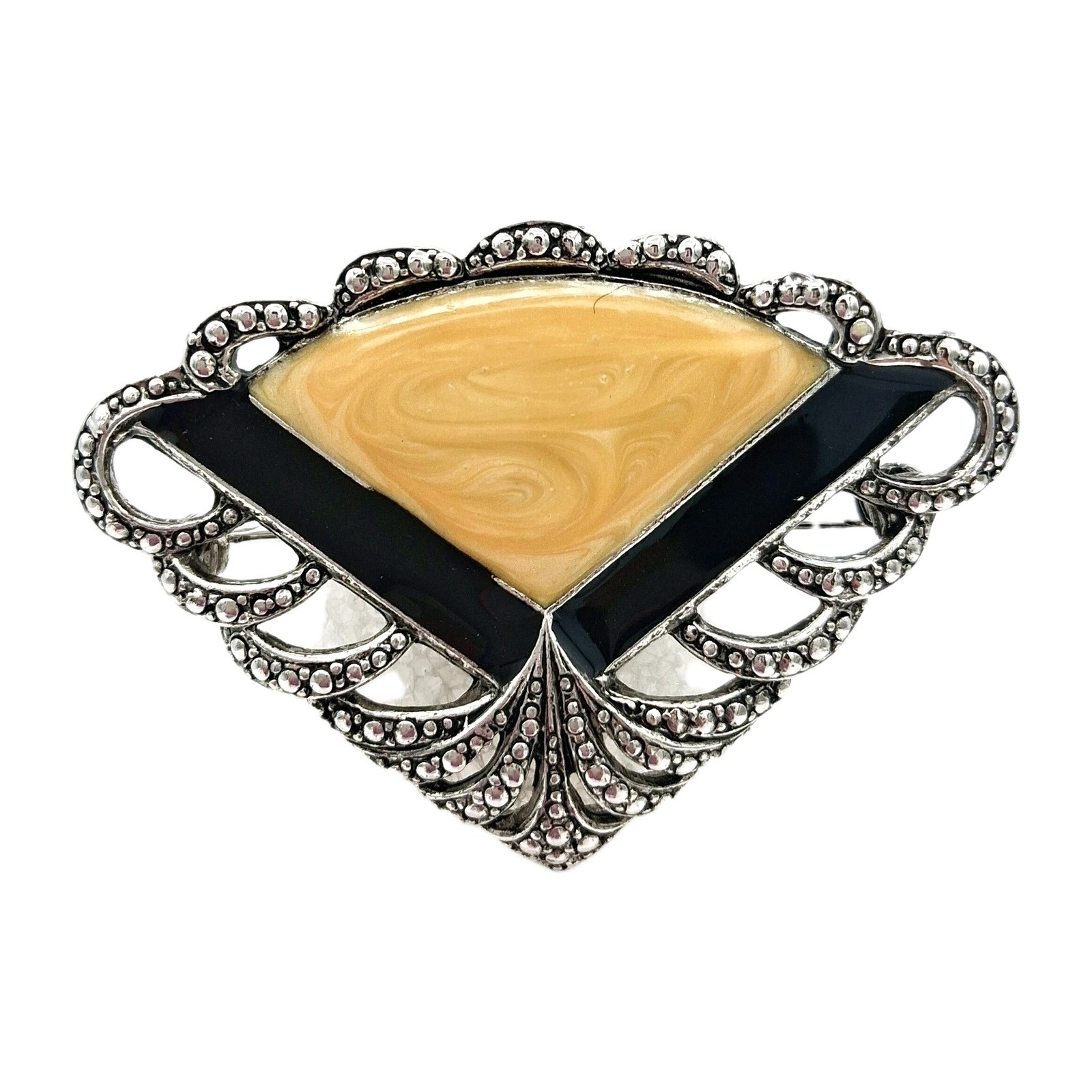 Art Deco Style Fan Brooch Marbled Yellow Enamel Silver Tone Pin 2″