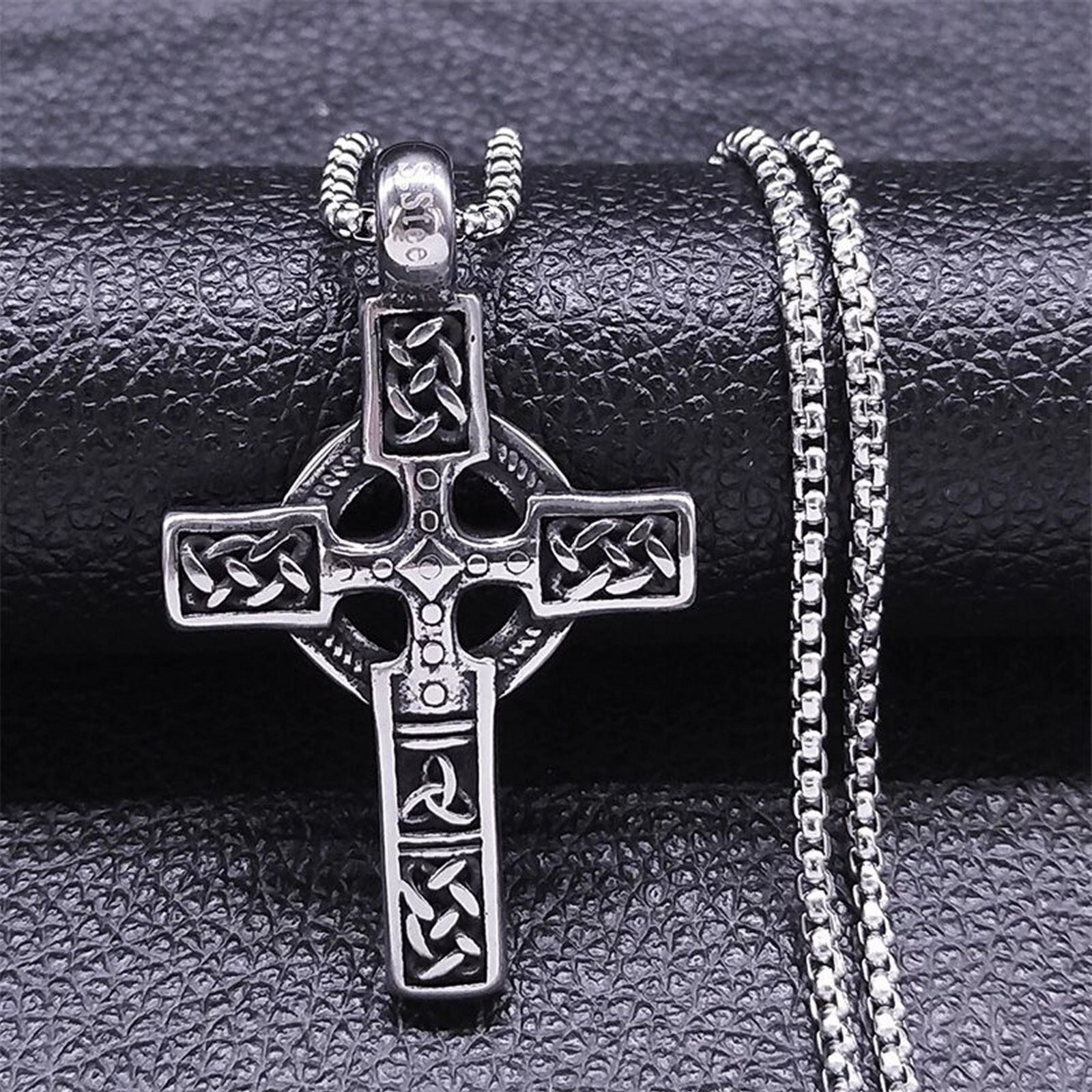 Medieval Celtic Cross Necklace Silver Stainless Steel Irish Crucifix Pendant
