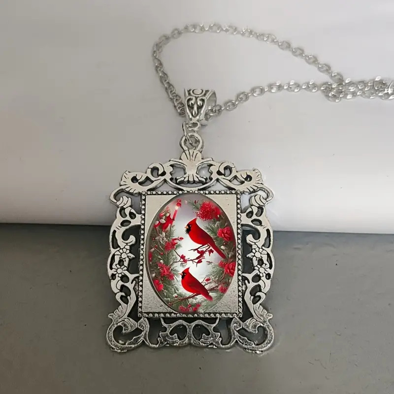 Northern Cardinal Gothic Boarder Jewelry Vintage Silvery Bird Pendant Necklace