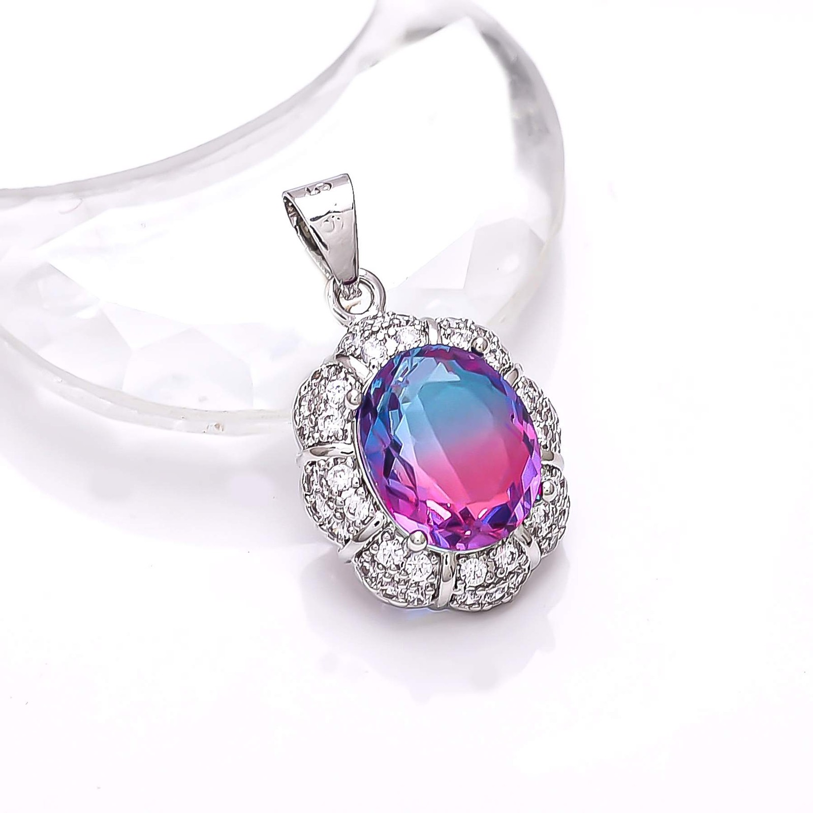 Bi-Colour Tourmaline & CZ Gemstone 925 Sterling Silver Pendant 1.00″ P79222