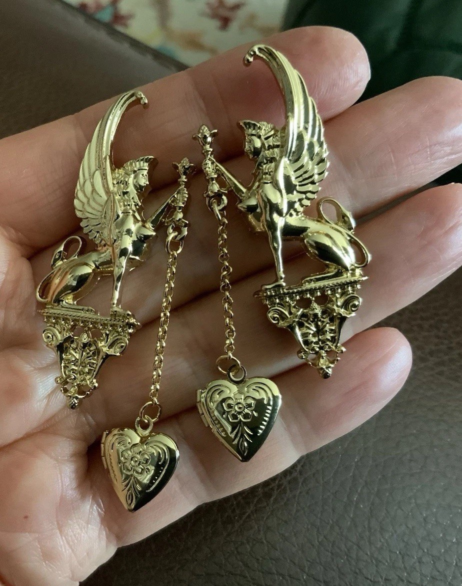 Medieval Earrings Wings Griffin Cherub Heart Antique VTG Gold Victorian Museum