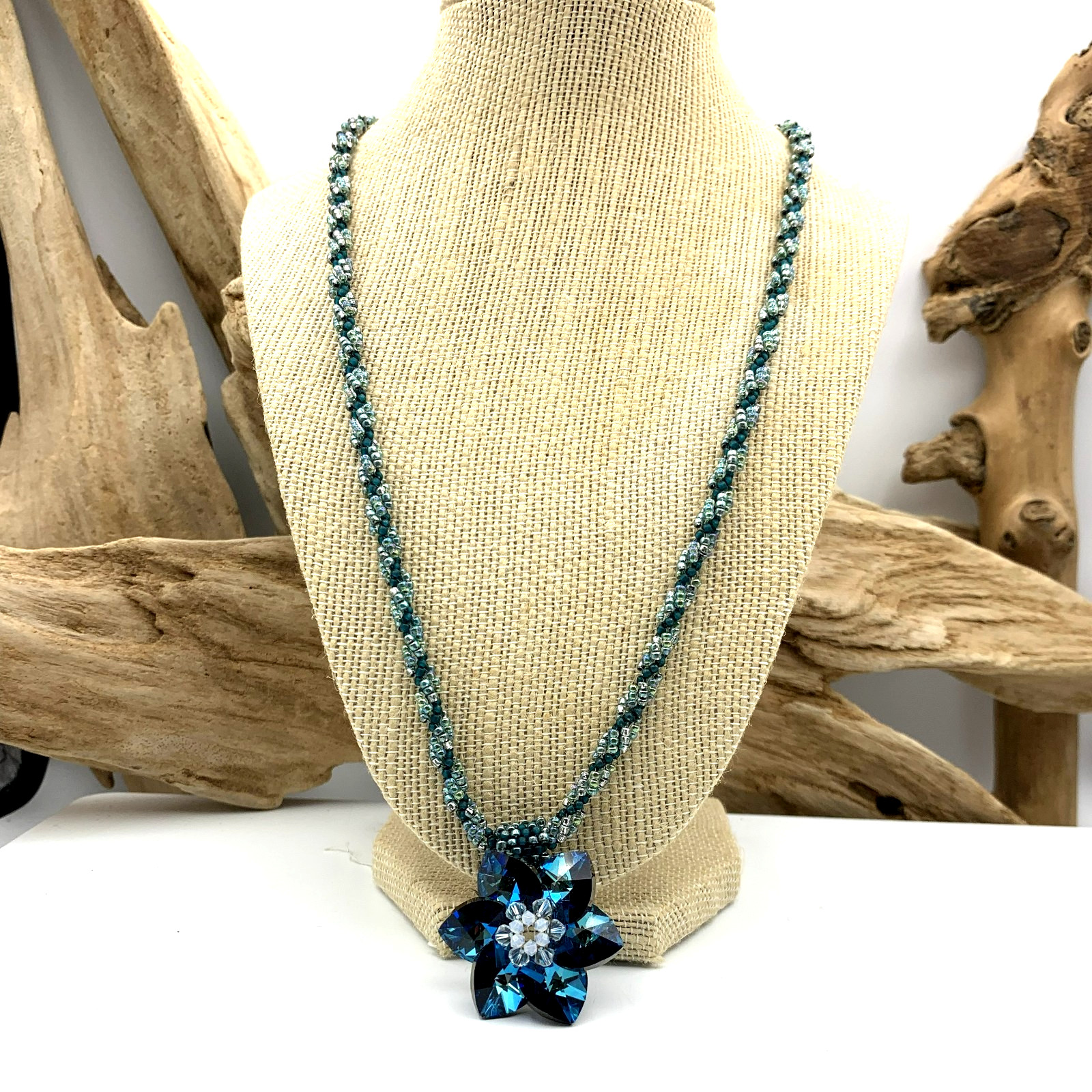 Swarovski Crystal Blue Flower & Peyote Stitch Cord, 10Kt Clasp Removable Pendant