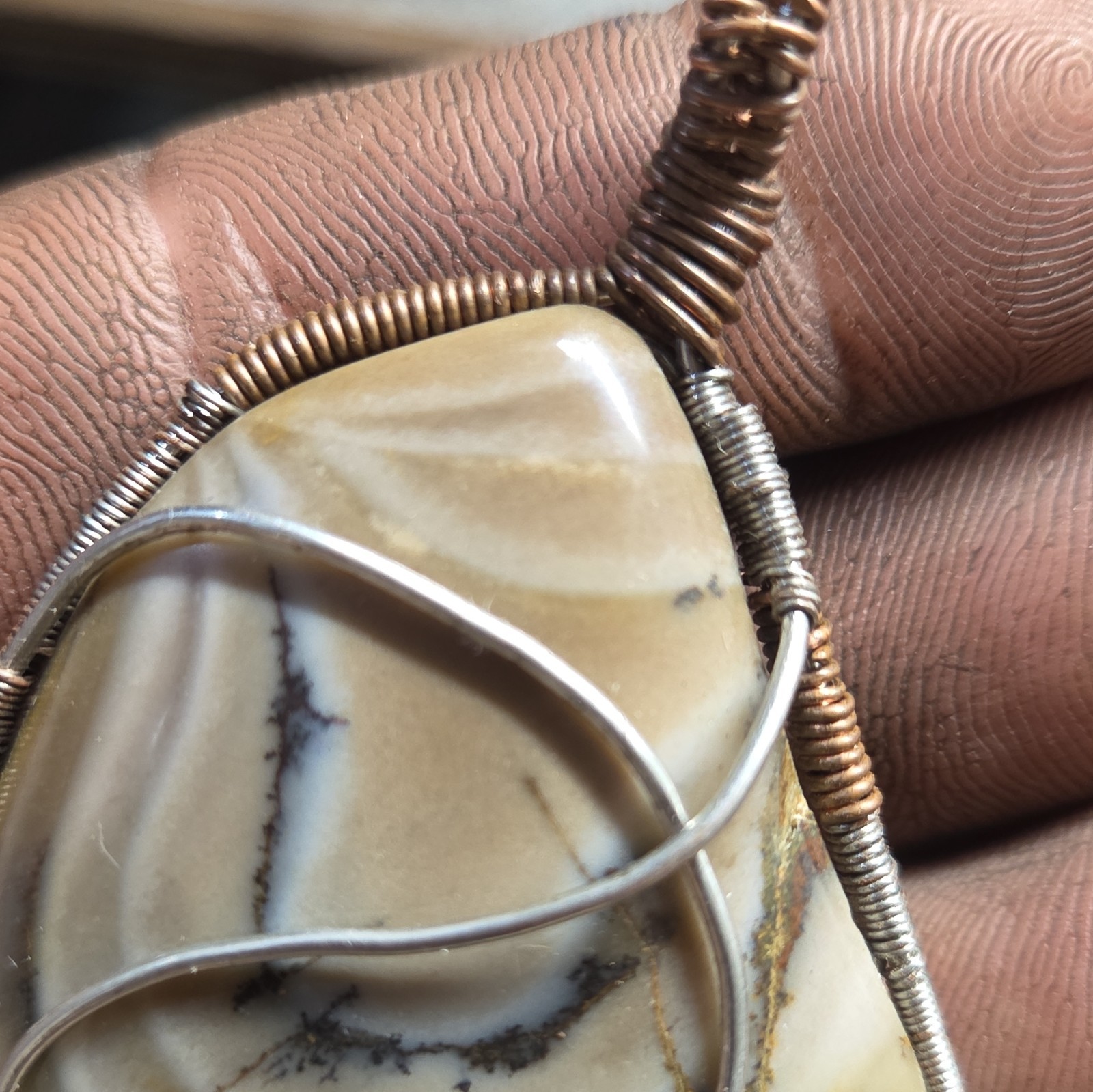 Copper And Stainless Wire Wrapped Freeform Blue Biggs Jasper Pendant Handcrafted