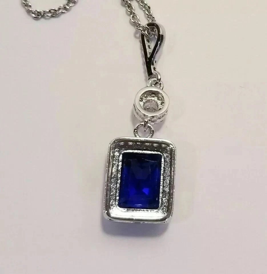 2.67 Ct Emerald Cut Blue Sapphire Pendant Wedding Pendant 14k White Gold