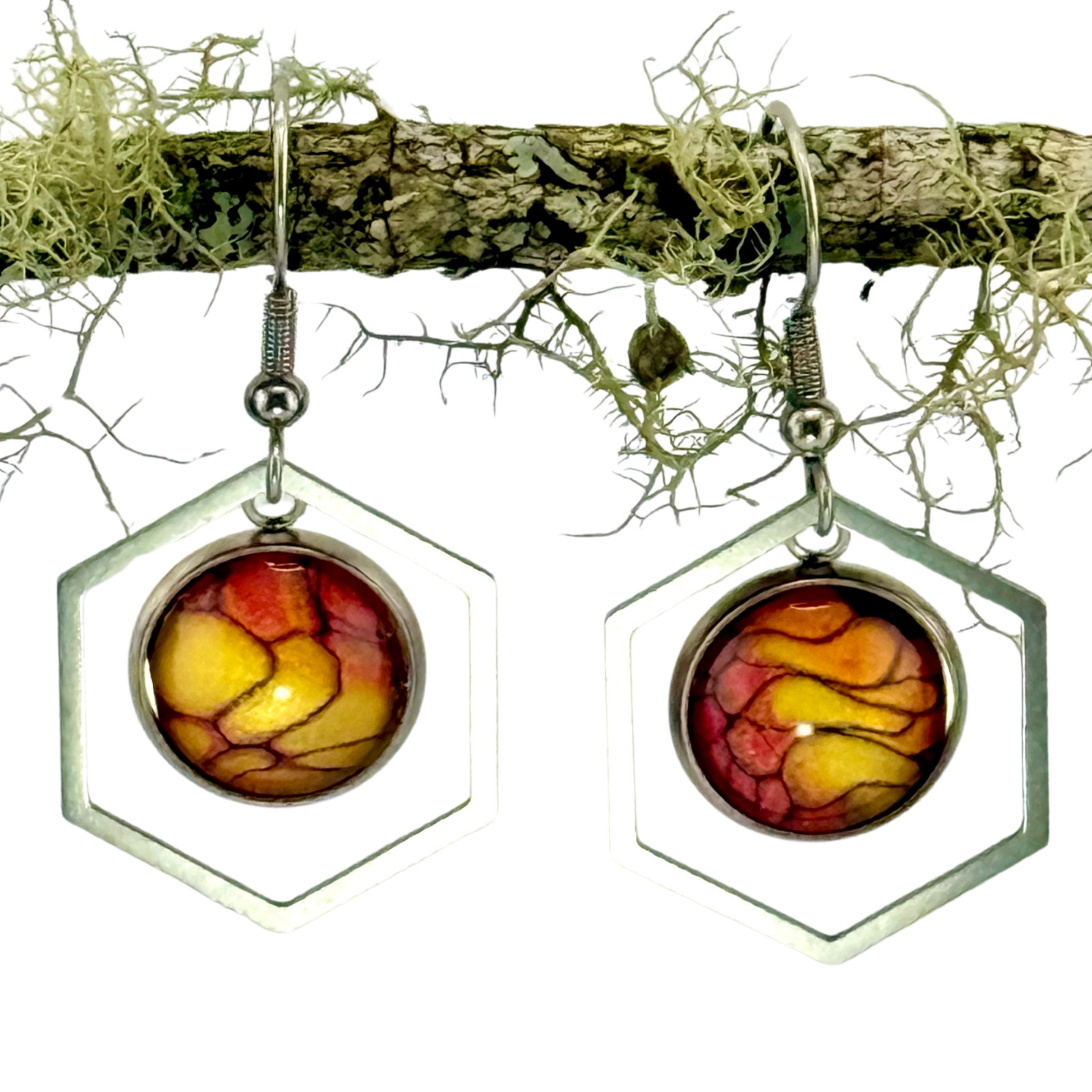 Dangle Earrings Handmade “Hot Lava Geometric” Sterling Silver French Earwires
