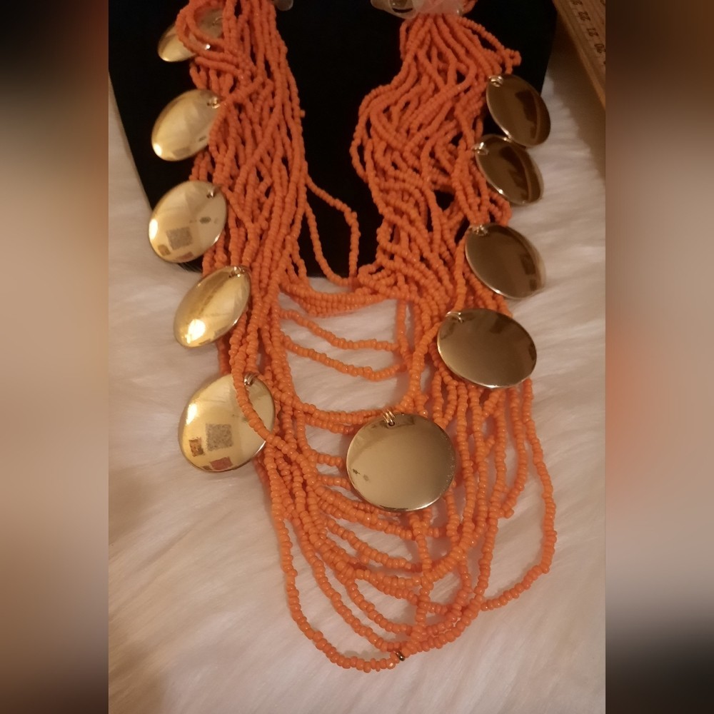 NEW burnt orange multistrand seed bead and goldtone disk necklace