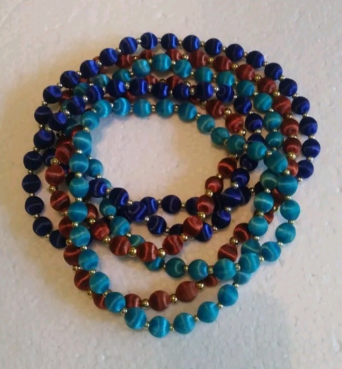 3 Necklaces Made W/ Silk Satin Thread Over Round Beads 28″ In Teal, Navy & Brown
