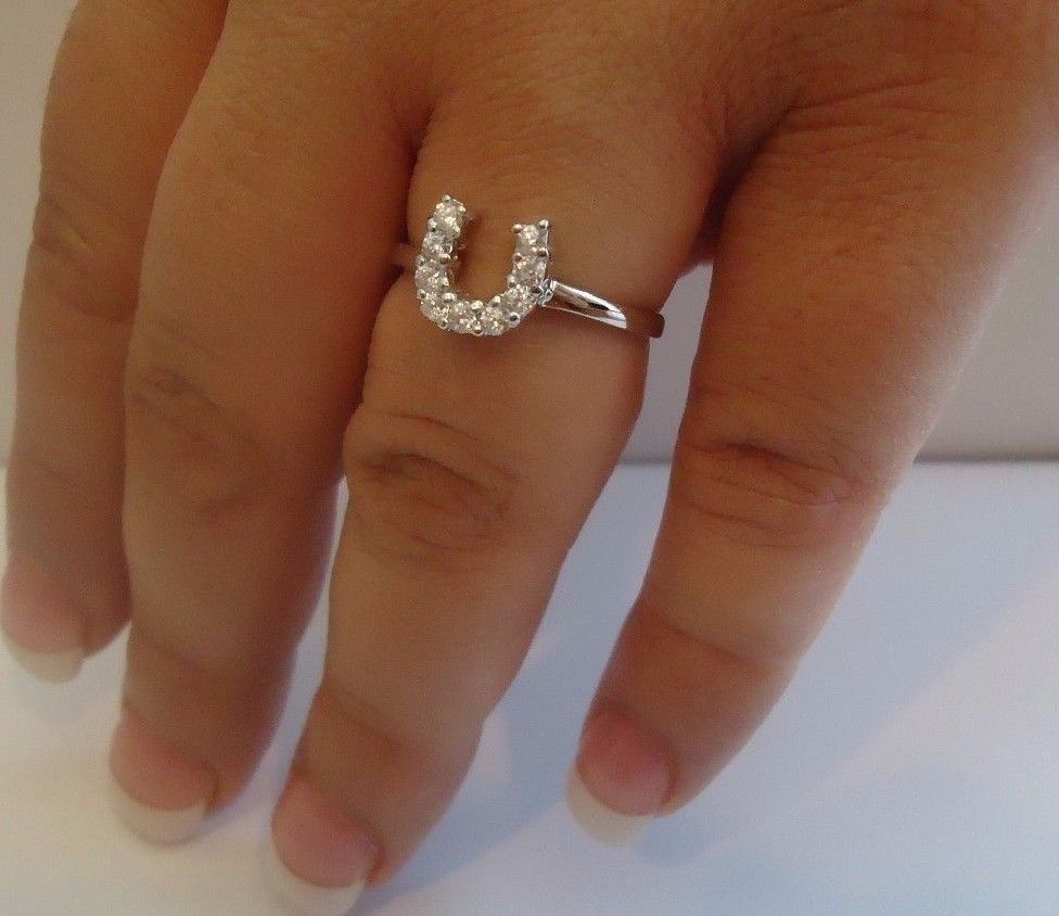 LUCKY HORSESHOE LADIES RING 925 STERLING SILVER W/ .50 CT ACCENTS / SZ 5 TO 9