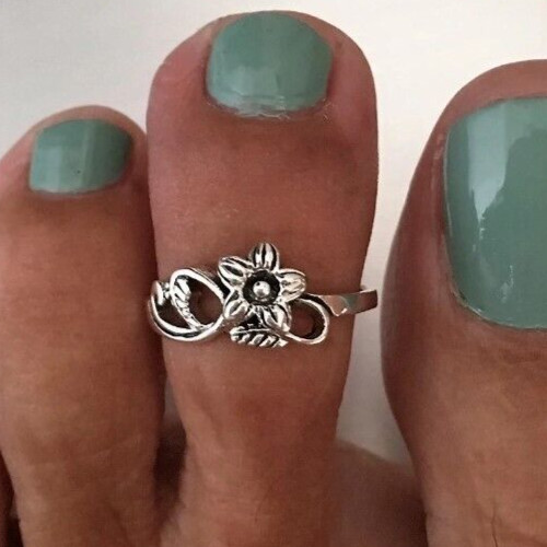 Womens Solid Metal Adjustable FAncy Flower Toe Ring White Gold plated 925 Silver