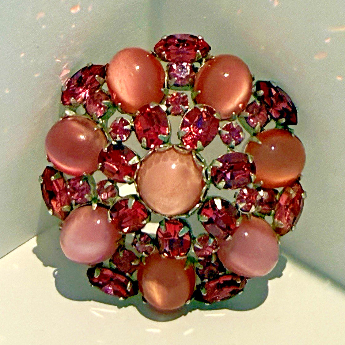 Vintage Pink Rhinestone & Glass Cabochon Flower Brooch Pin Silver Tone