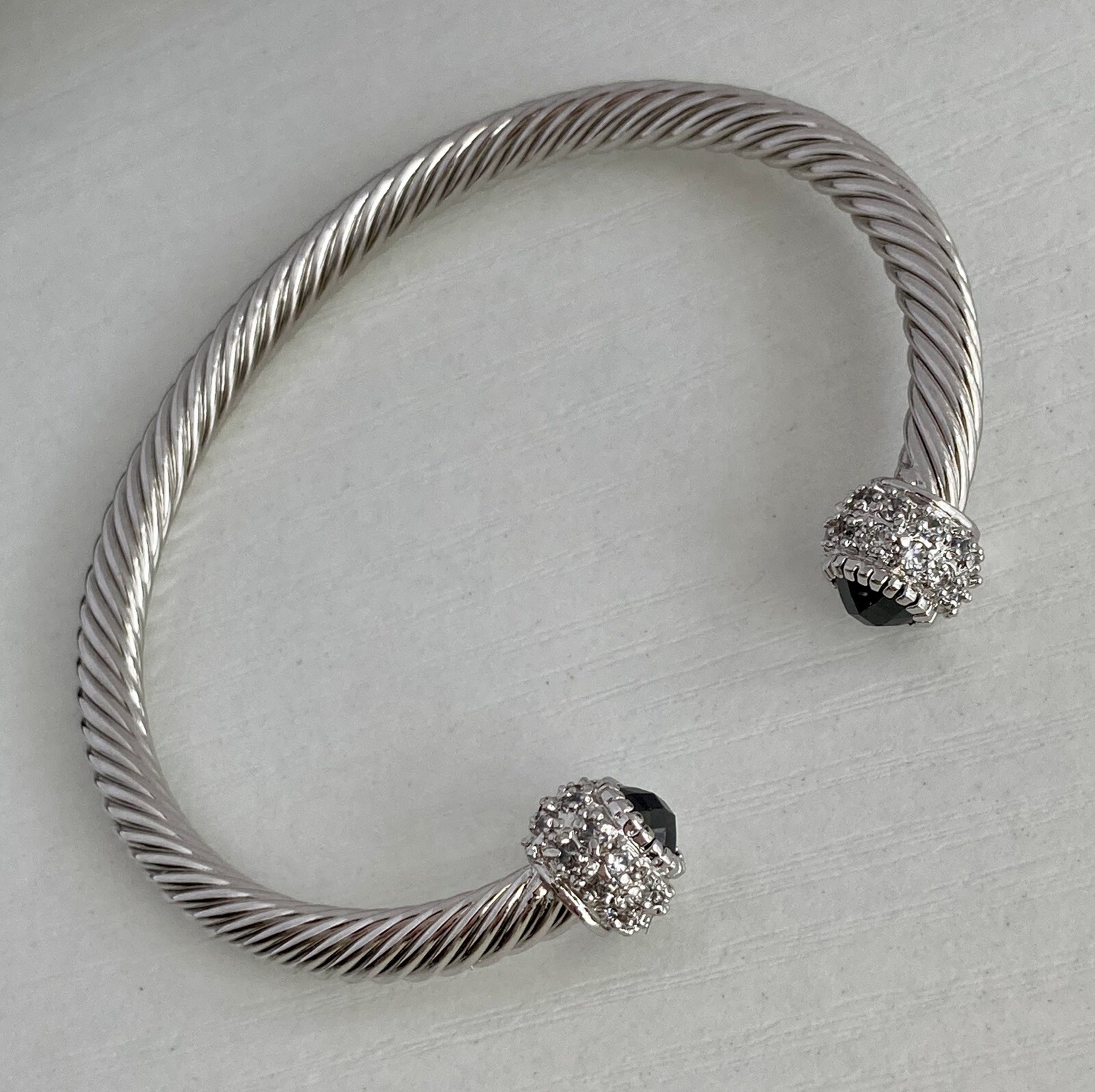 Silver Tone Twisted Cable Cuff Bracelet Clear & Jet Black Crystals 7.25in 20.6g