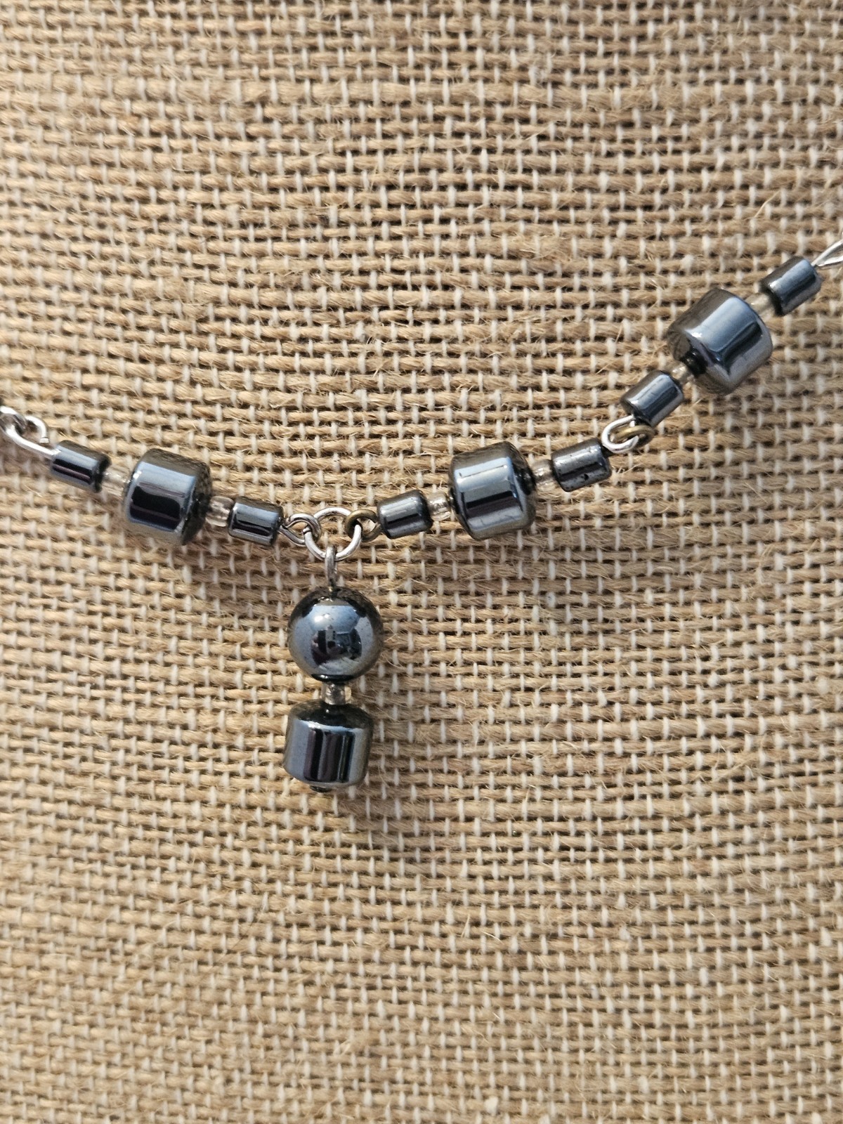 Hematite Black Silver Round Beaded Ball Chain Charm Pendant Necklace Toggle 18″