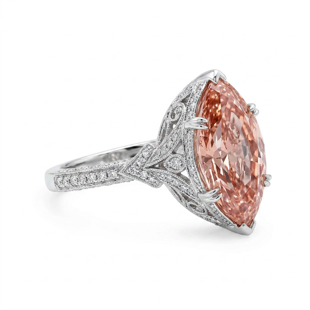 Pink Sapphire Ring ; Marquise Brilliant Cut ; 14k White Gold Plated