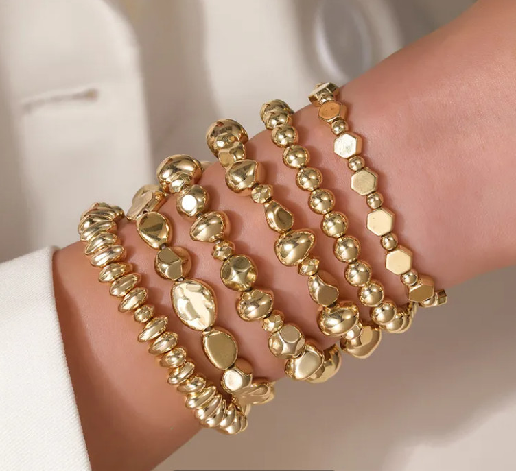 Gold Tone 4 Row Beaded Stretch Bracelet Vintage Style Fashion Jewelry