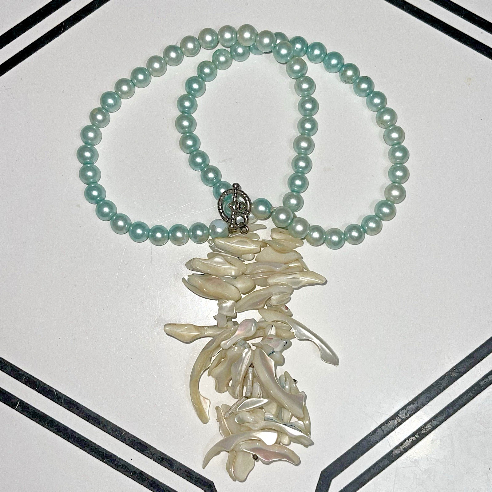 Light Blue Faux Pearl Mother of Pearl Shell Shard Statement Toggle Necklace 27in